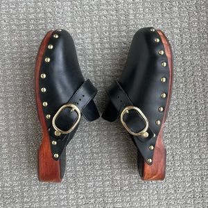 MNG by Mango Black Leather Studded Wooden Clogs